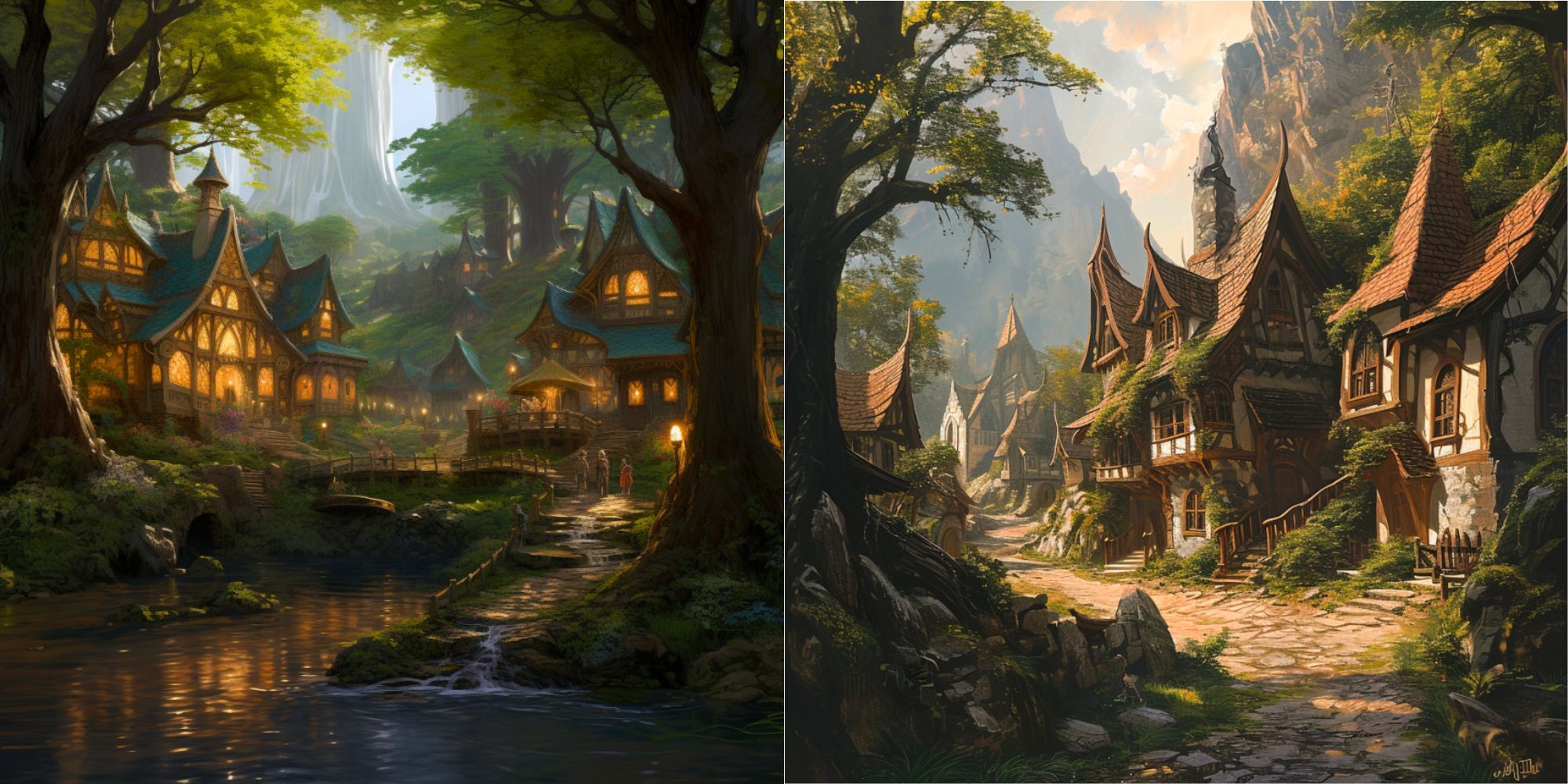 Two side-by-side AI-generated images of idyllic elven villages featuring whimsical houses and lush greenery.