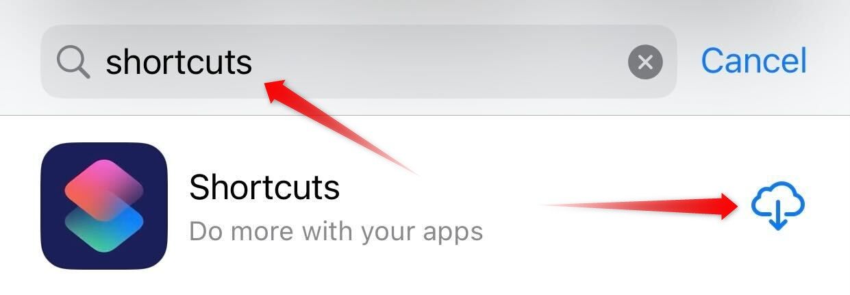 Downloading the Shortcuts app from Apple Store on iPhone.