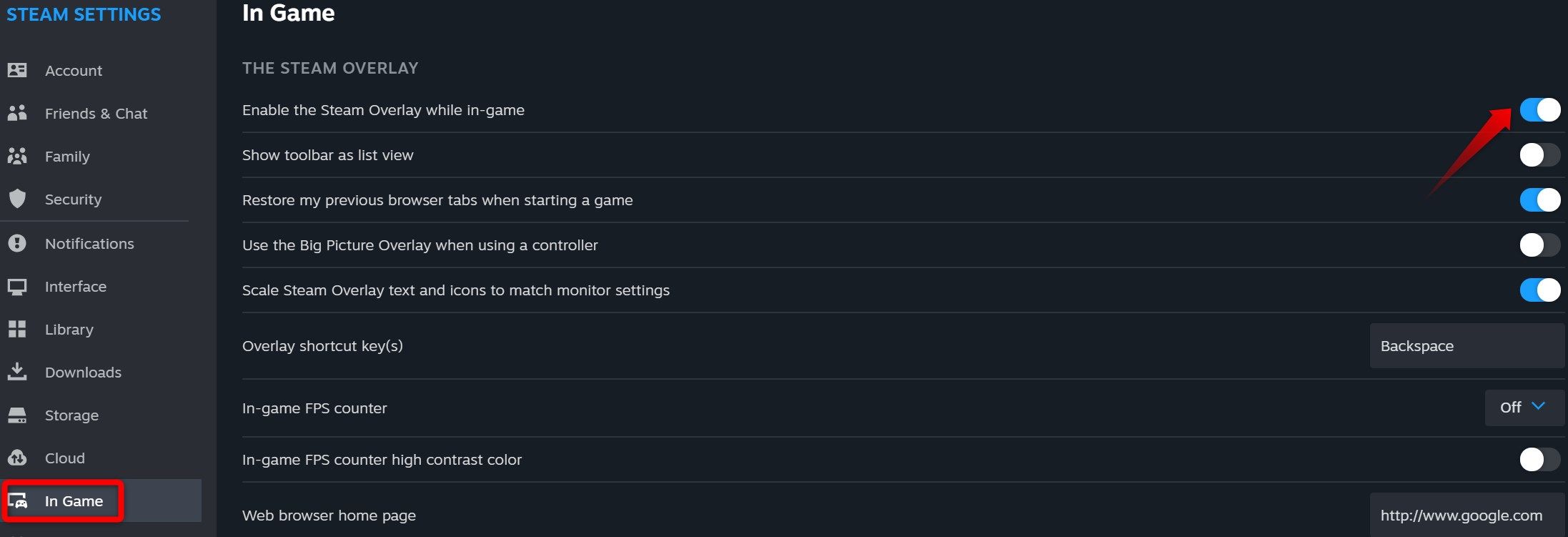 Enabling the Steam Overlay in the Steam settings.