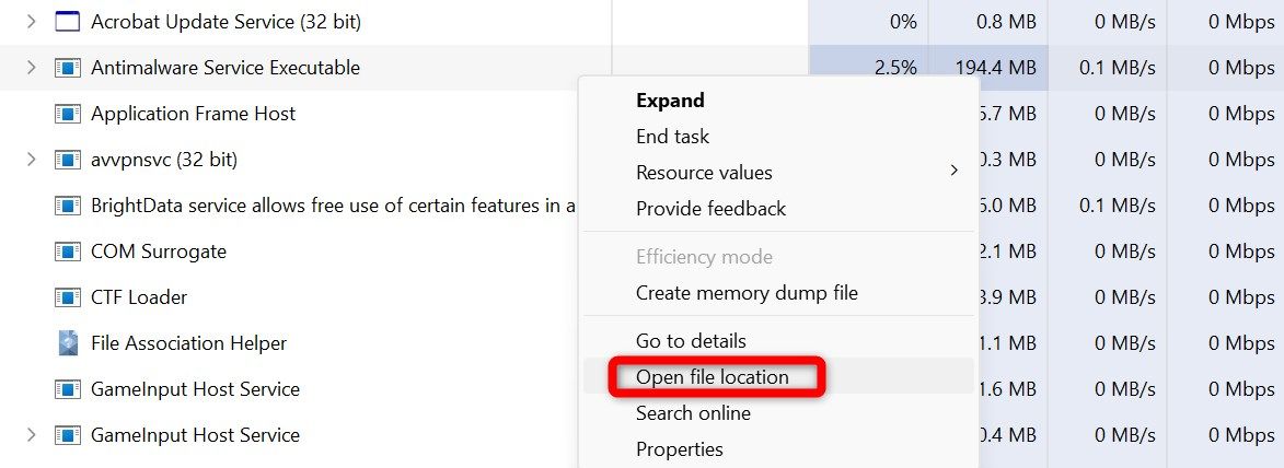 Opening the file location of a process from Task Manager.