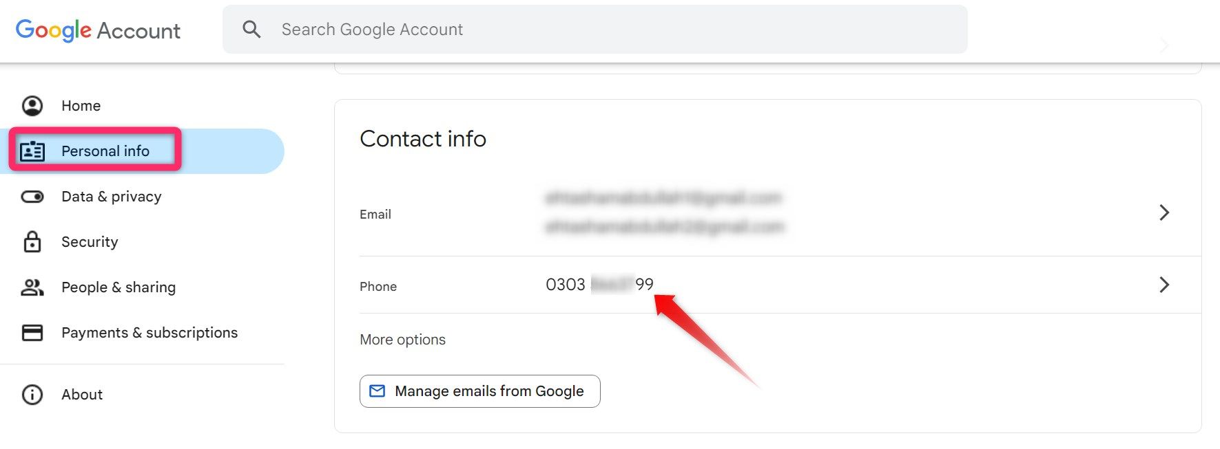 Opening the phone number to modify it in Google account settings