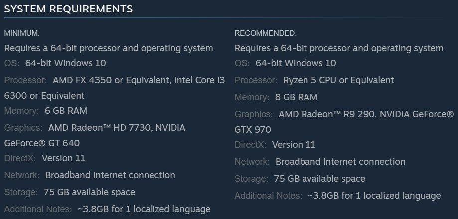 System requirements of Apex Legends mentioned on the Steam website.