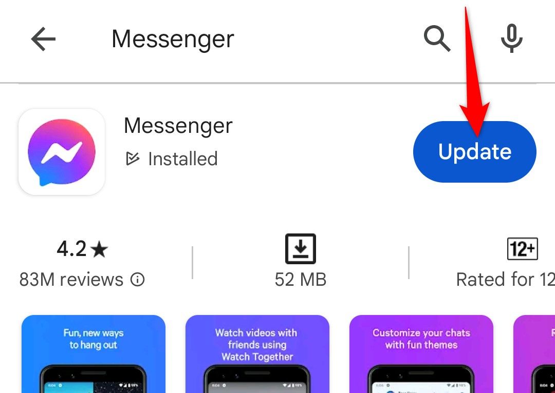'Update' highlighted for Messenger in Google Play Store.
