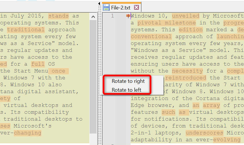 'Rotate to Left' and 'Rotate to Right' options highlighted in Notepad++.