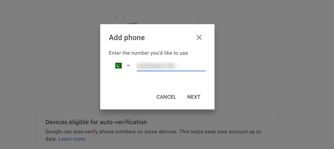 Entering a new phone number in Google account