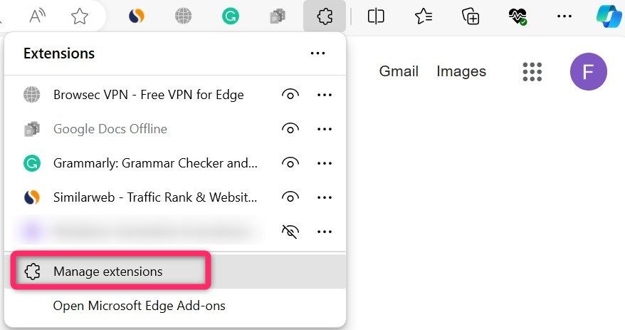 Opening the extensions page to disable or remove them in Microsoft Edge