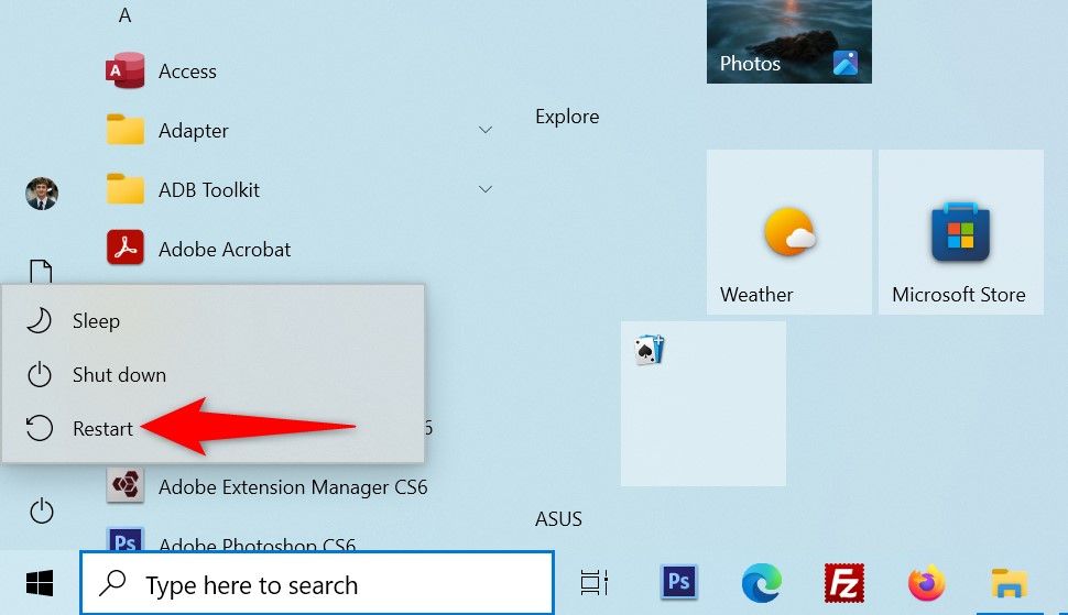 'Restart' highlighted in Windows' Power menu.