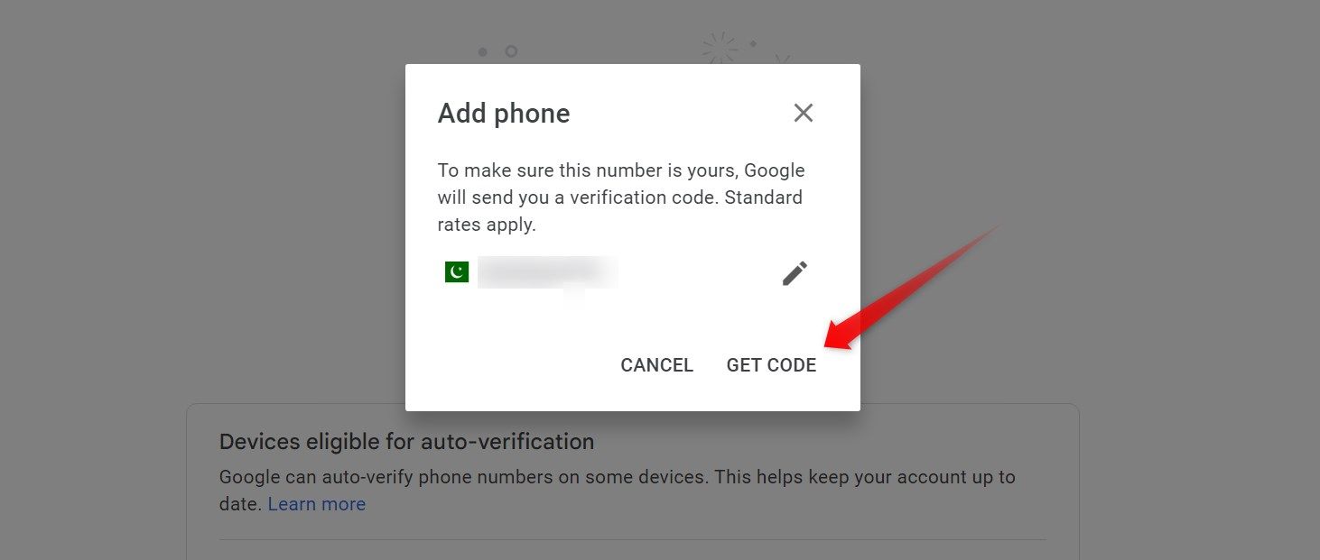 Clicking on get code to receive the verification code
