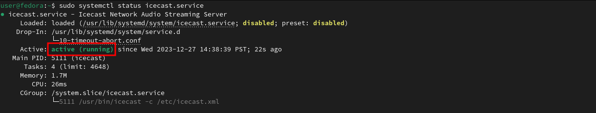 Terminal window using systemctl command to verify Icecast daemon is running