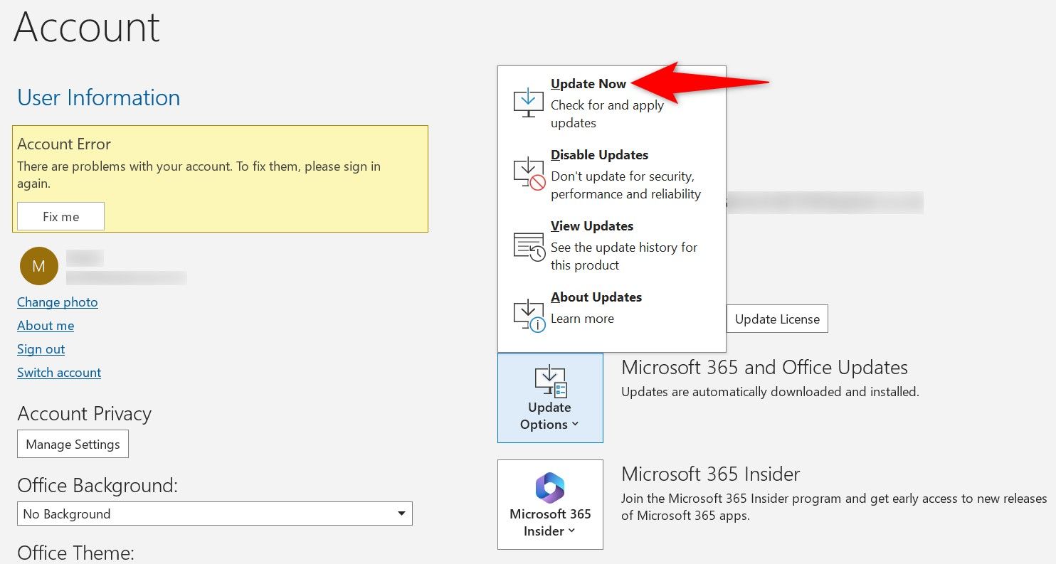 'Update Now' highlighted in Outlook.