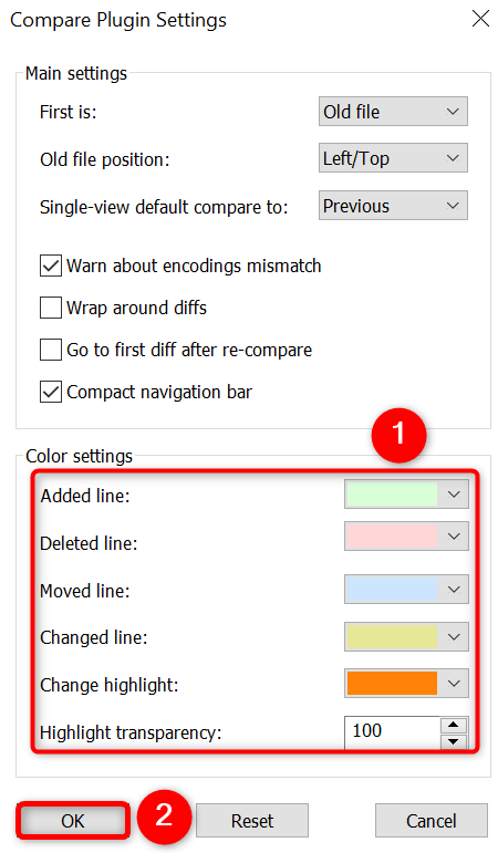 'Color Settings' and 'OK' highlighted on the 'Compare Plugin Settings' window.