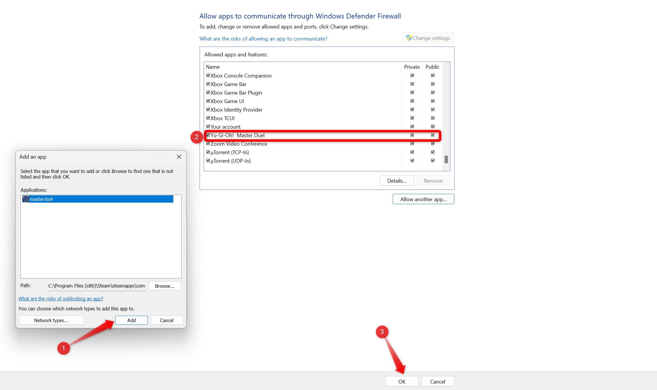 Whitelisting a game file in the Windows Defender Firewall.