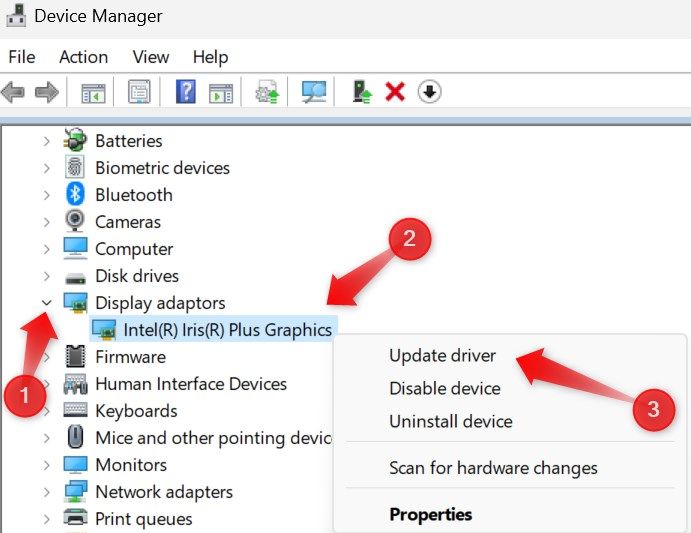 Updating the graphics drivers from Device Manager in Windows.