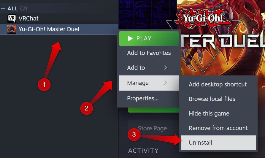 Uninstalling a game from Steam.