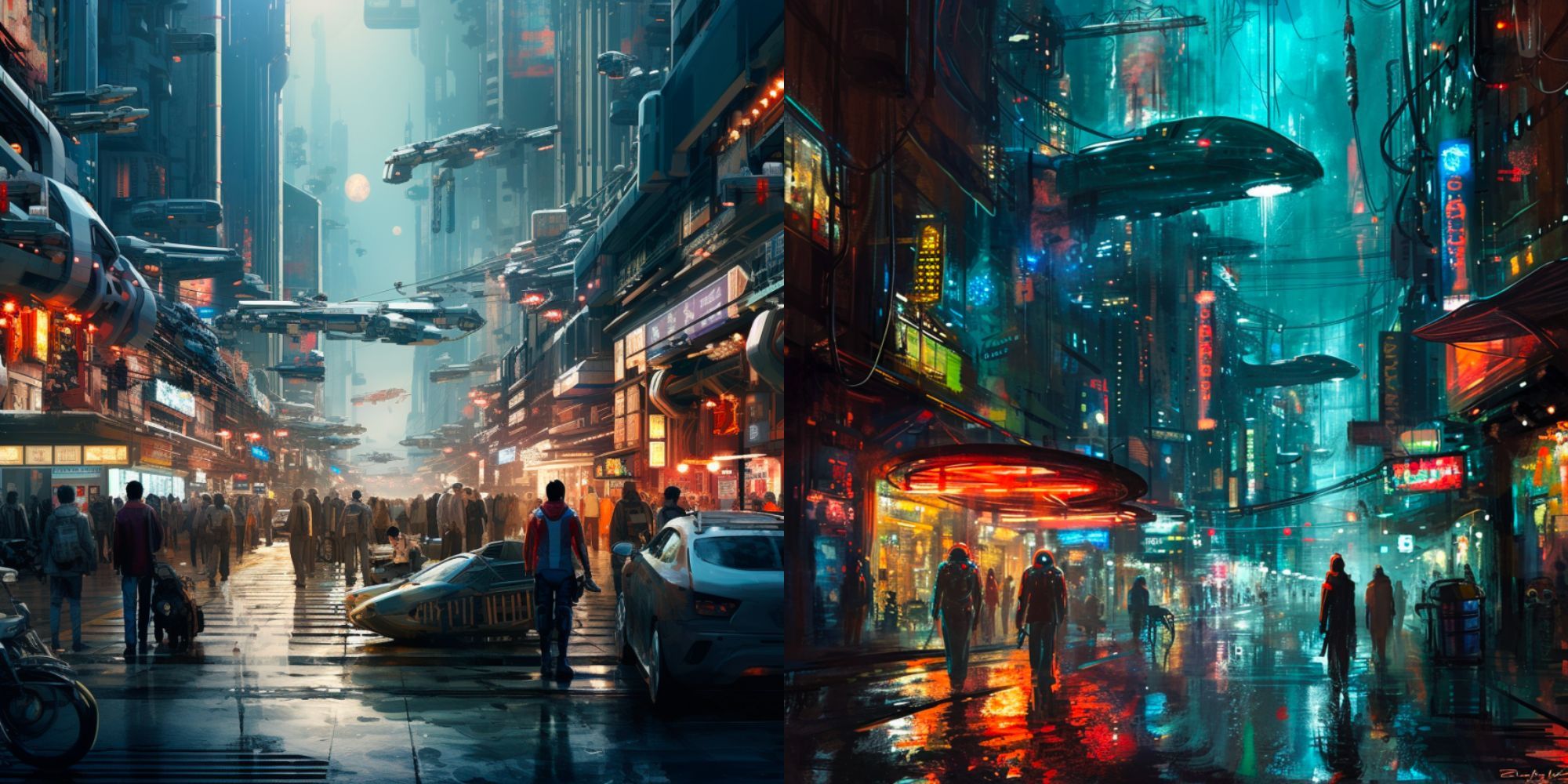 Two side-by-side images of a futuristic street scene with aliens, robots, and humans all living in the same city. 