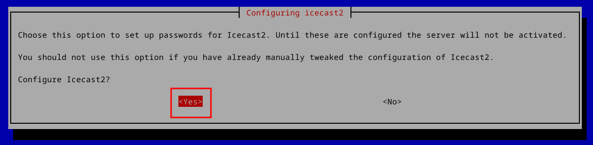 Terminal window asking if you would like to configure Icecast on Debian