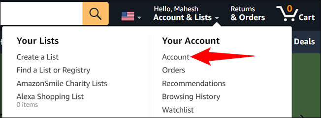 Amazon Account and Lists submenu.