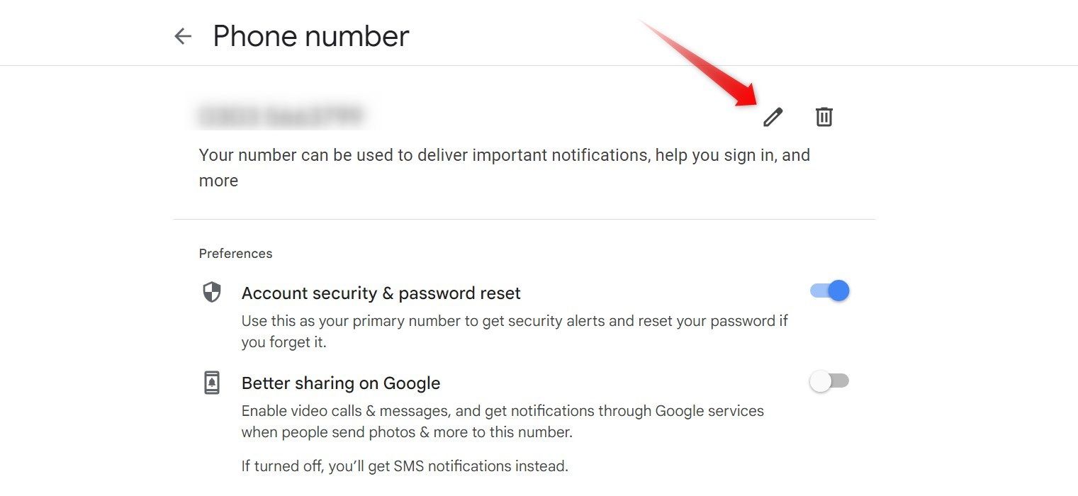 Clicking on the pencil icon to modify the phone number in Google account settings-1