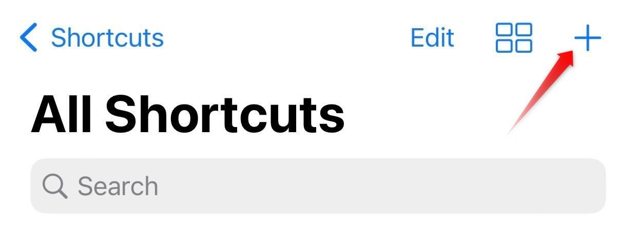 Clicking on the plus icon to create a new shortcut in the Shortcuts app on iPhone.