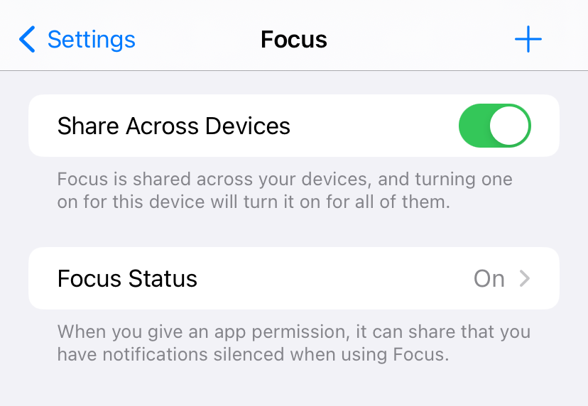 Focus Status sharing set to "On." 