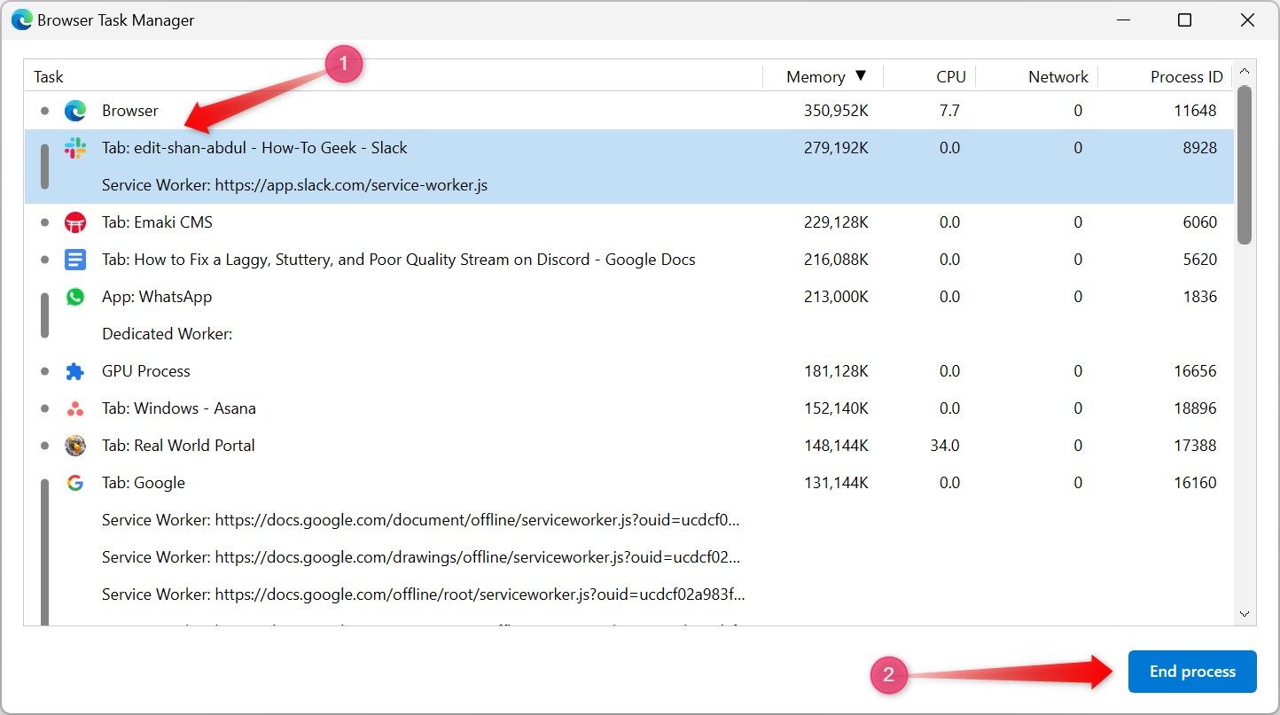 Ending a resource-intensive process from task manager in Microsoft Edge