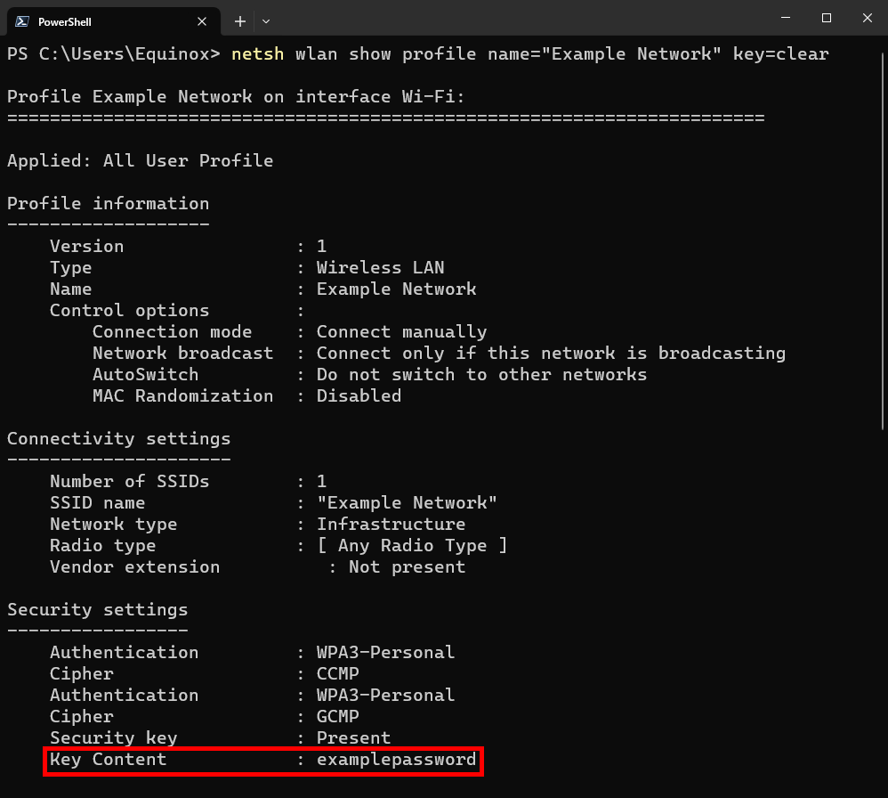 The password for "Example Network." 