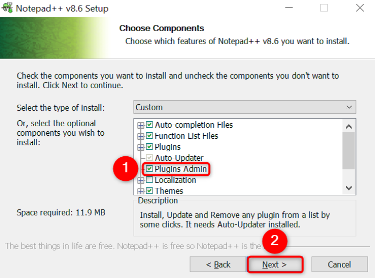 'Plugins Admin' and 'Next' highlighted in the Notepad++ installation wizard.
