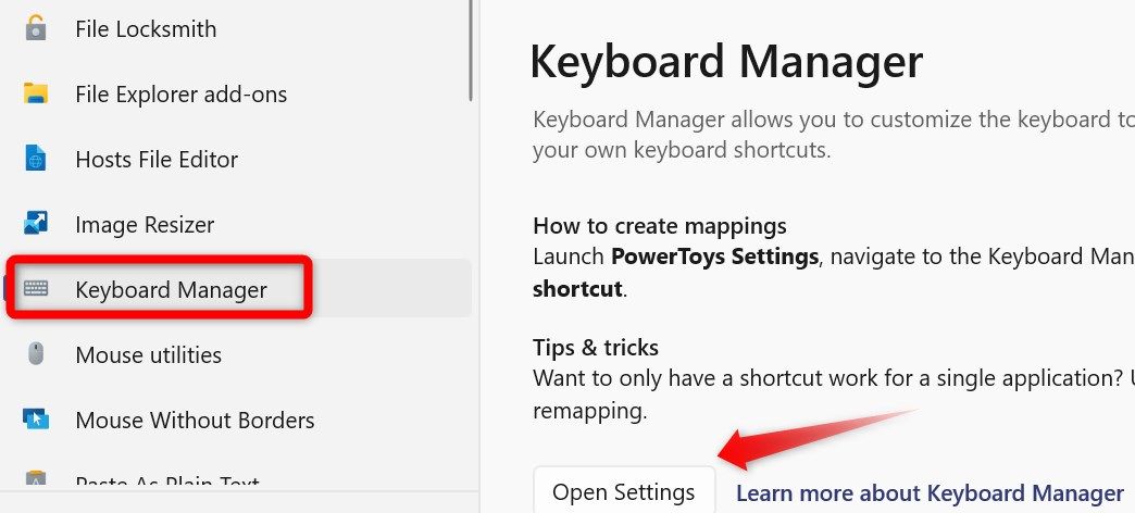 Opening the Keyboard Manager settings in the Microsoft PowerToys app on Windows.
