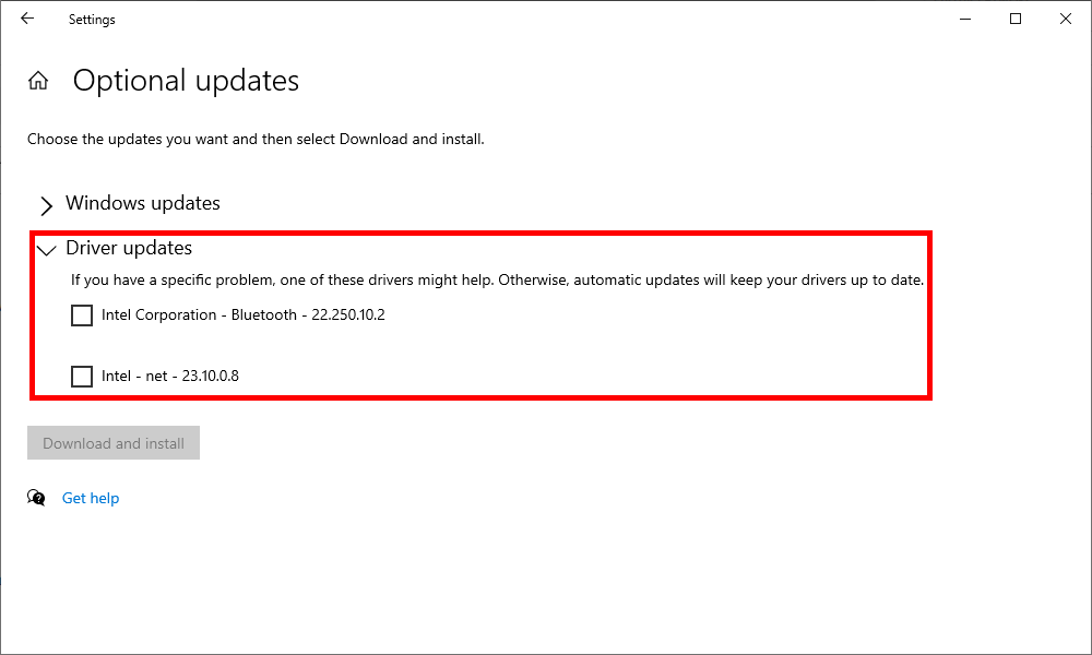 The optional driver update section in Windows Update. 