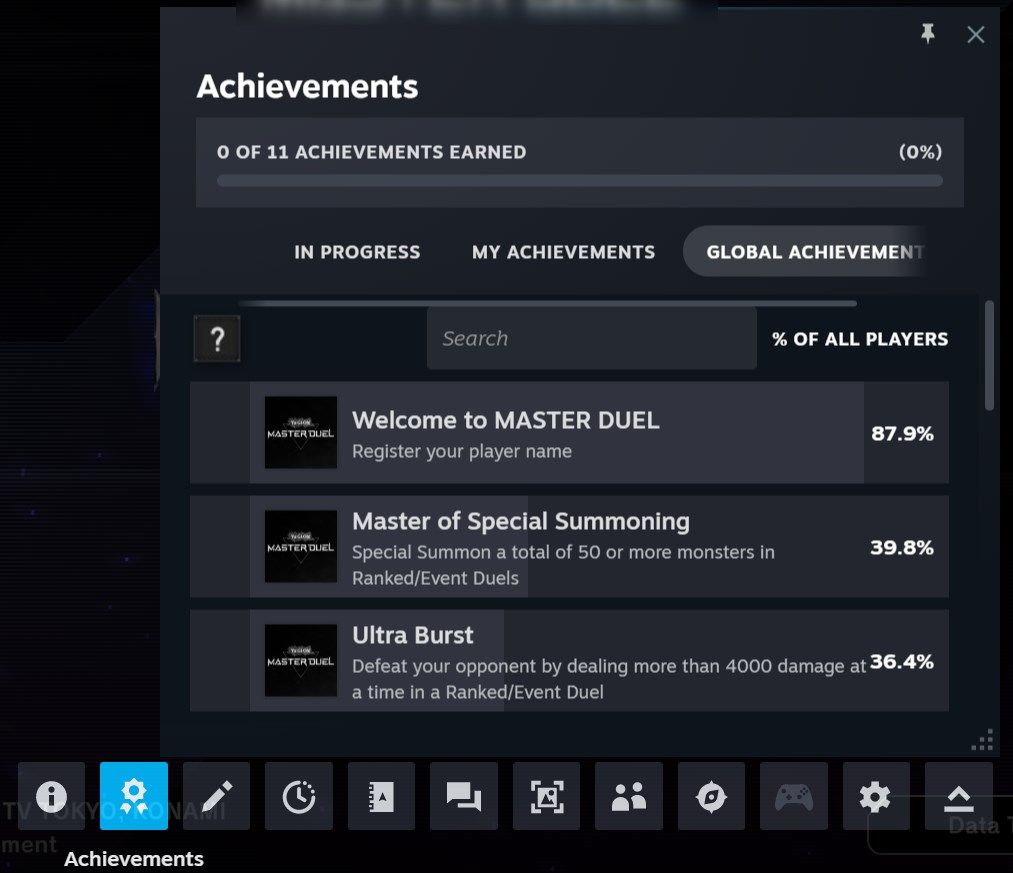  Steam Overlay showing the achievements record of a game being played in Steam.