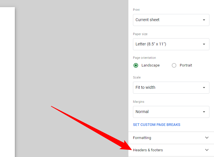 Headers and Footers section in Google Sheets. 