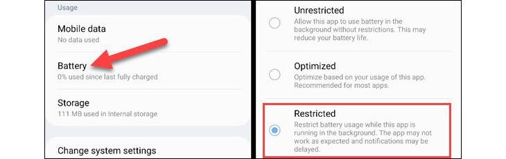 Change the battery usage to "Restricted."