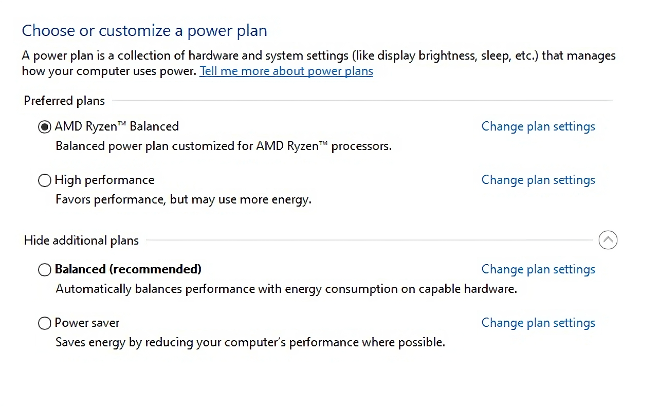 The Windows 10 power plan with the AMD Ryzen Balanced plan selected.