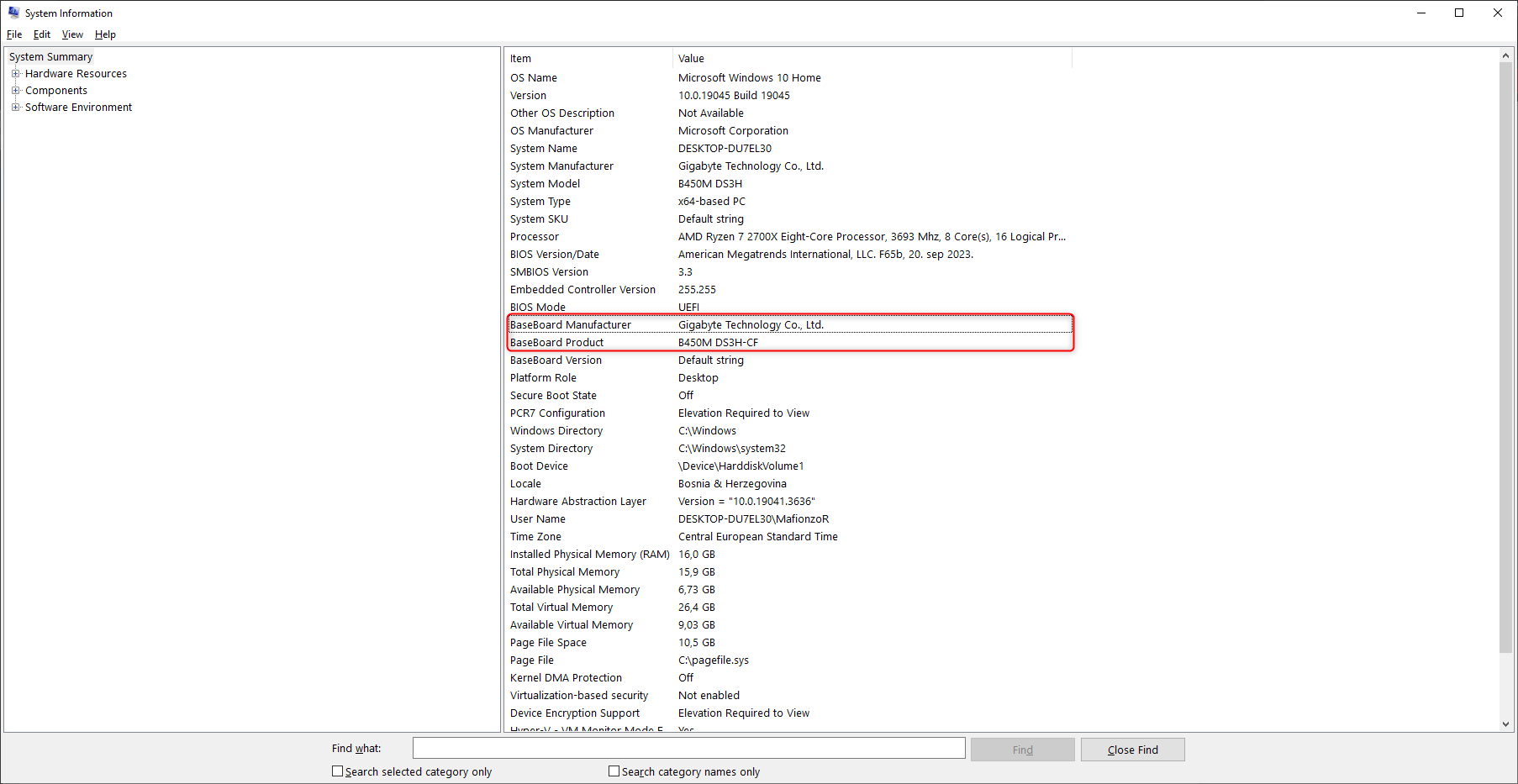 Windows' System Information menu with information detailing the motherboard manufacturer and model name.