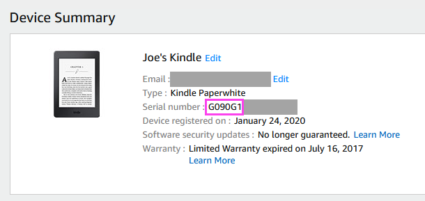 Serial number of Kindle from Amazon website.