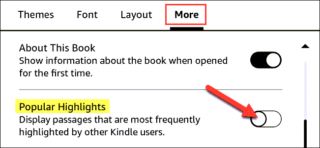 Kindle Popular Highlights toggle.