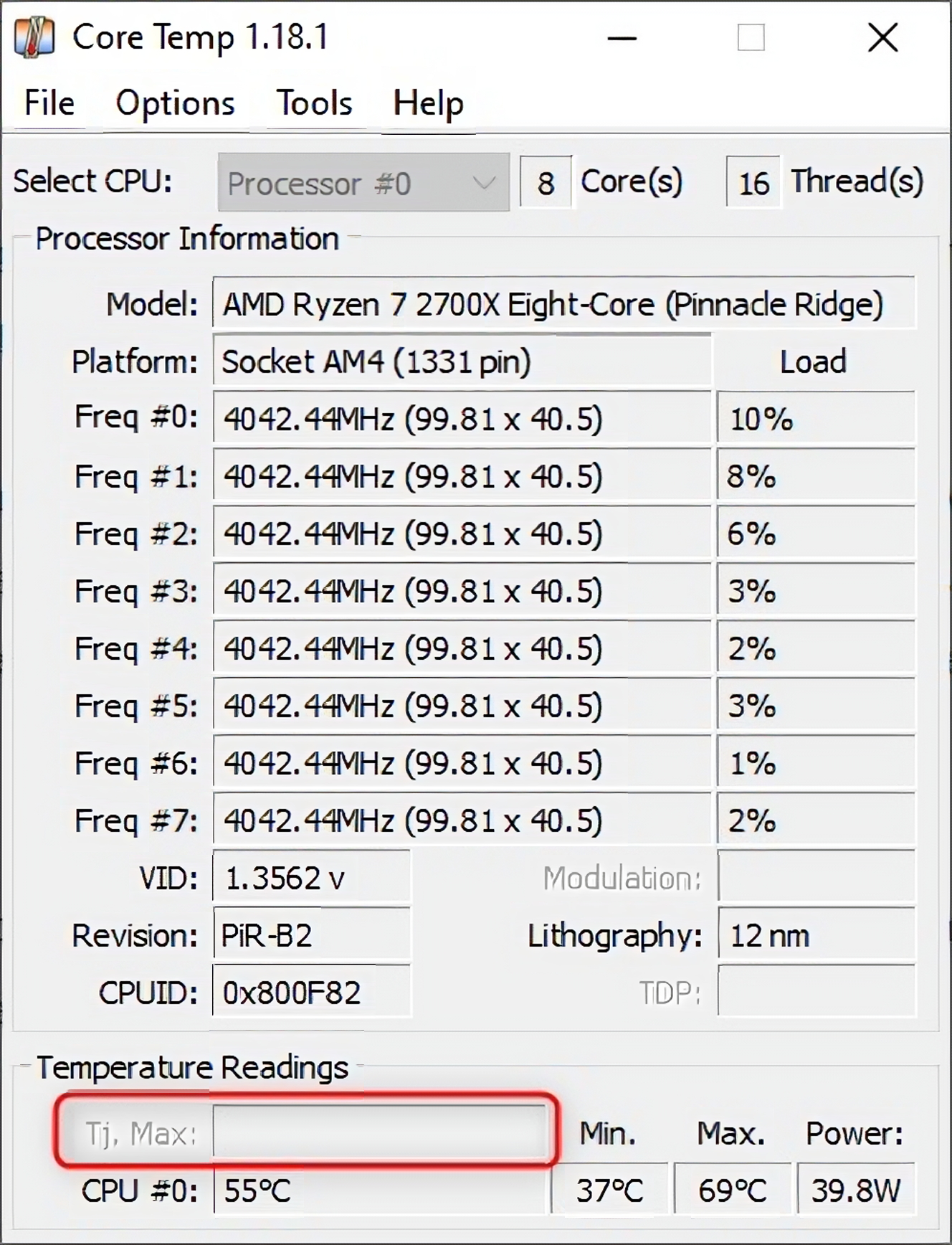 Temperature monitoring app Core Temp with the AMD Ryzen 7 2700X CPU.