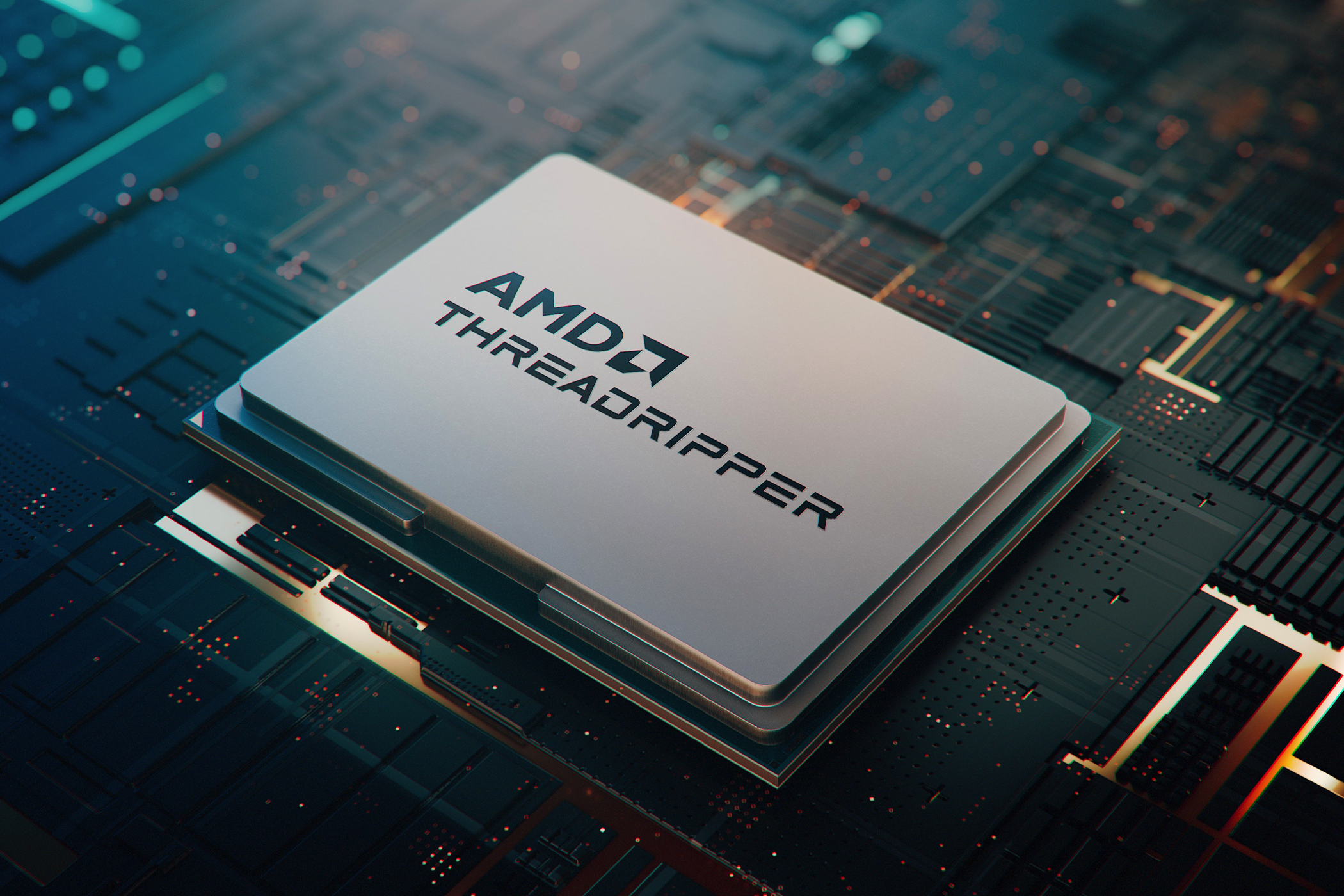 A 3D render of an AMD Ryzen Threadripper CPU.