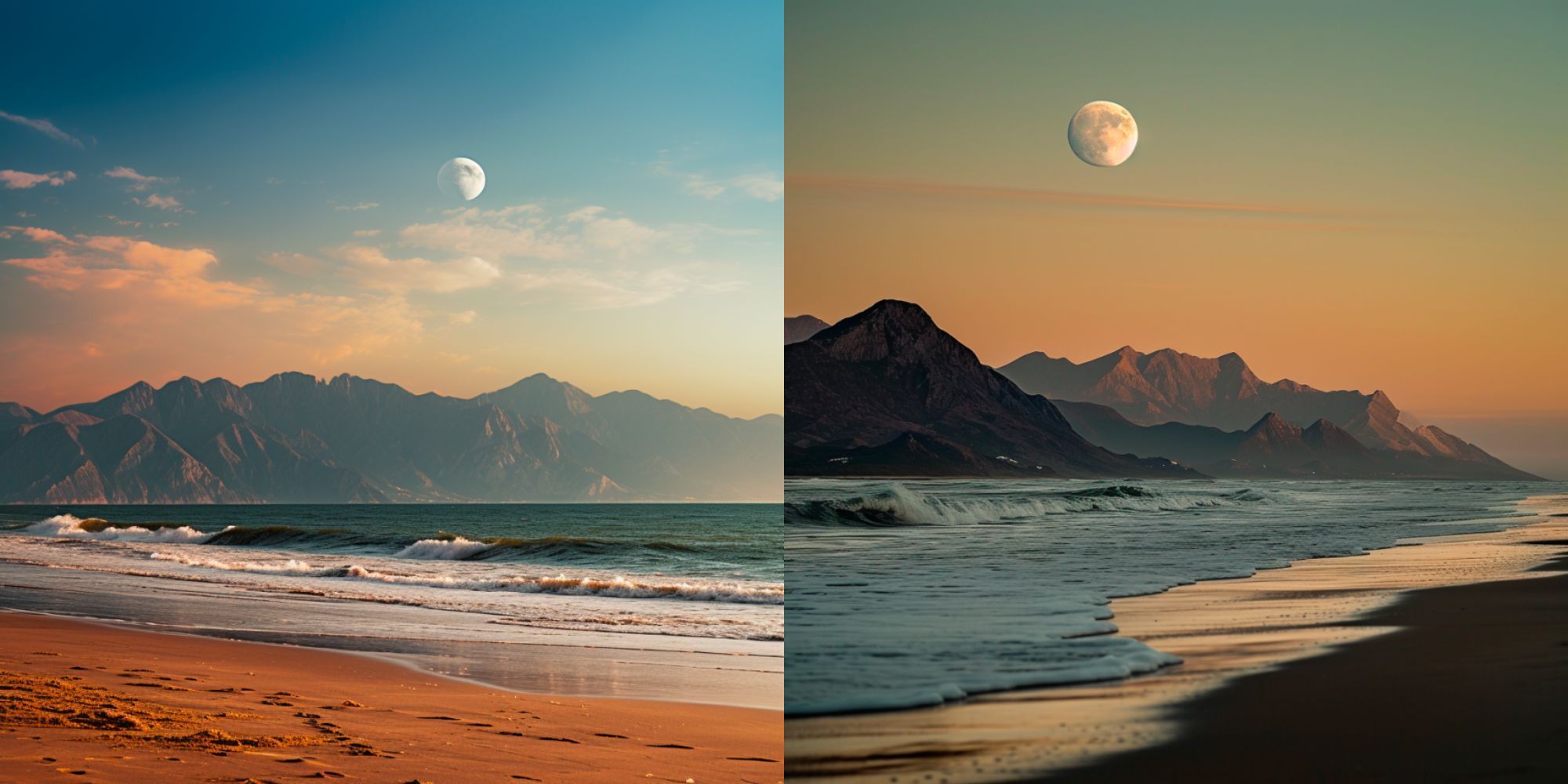 An AI-generated pair of images side-by-side of A nature photograph of mountains as seen from the beach, with a large visible moon in the sky.