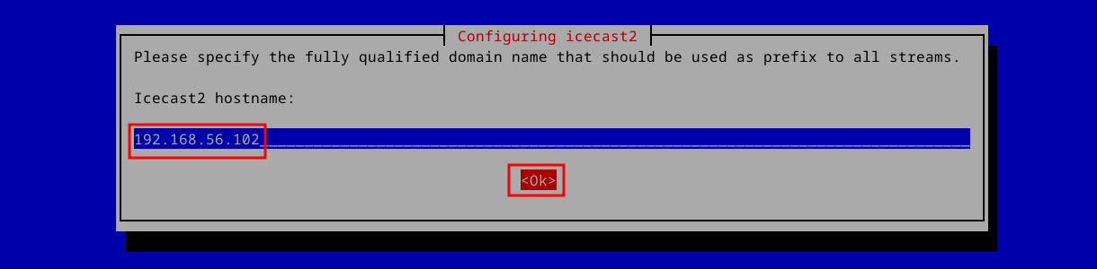 Terminal window asking for your address for Icecast on Debian