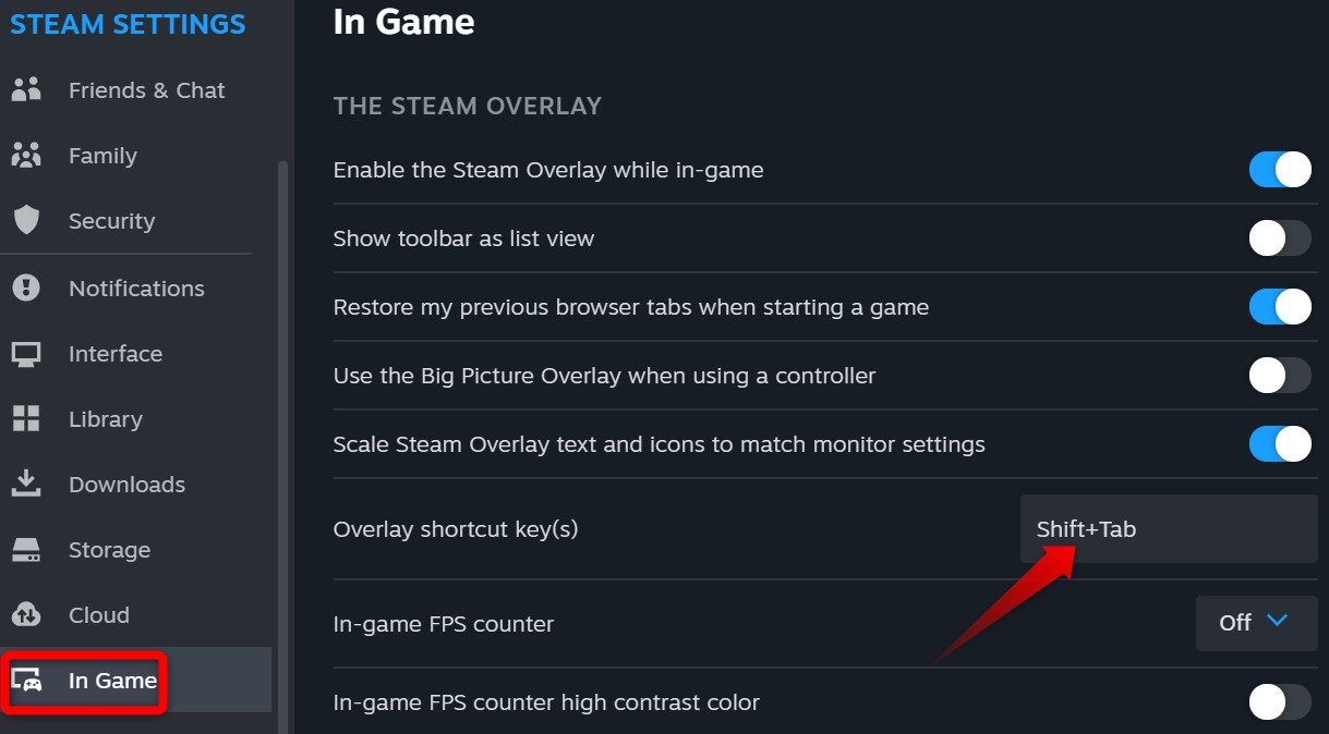 Checking the overlay shortcut key in Steam settings.