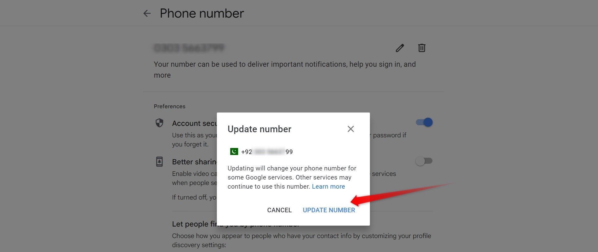 Clicking on the update number to update a phone number in Google settings-1