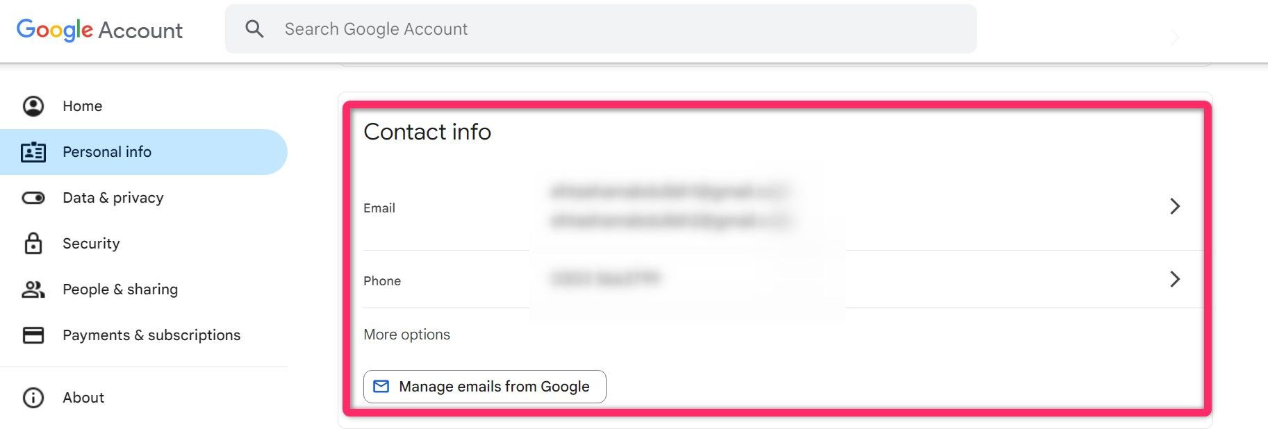 Contact info section in your Google account
