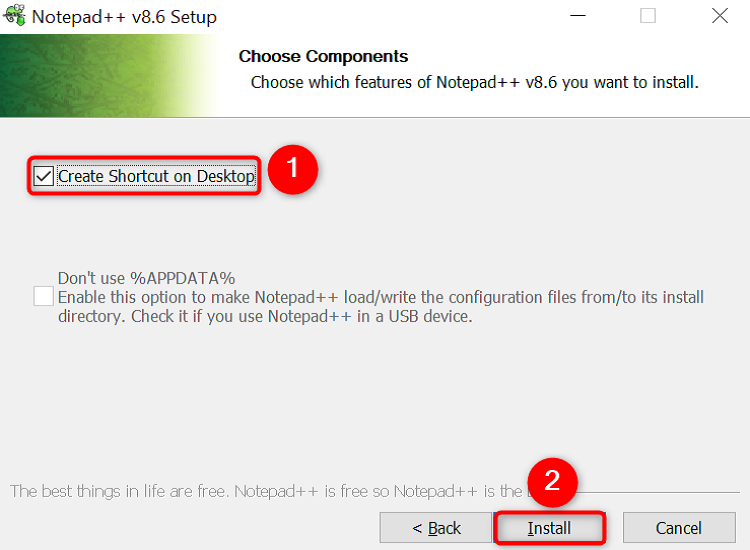 'Create Shortcut on Desktop' and 'Install' highlighted in the Notepad++ installation wizard.