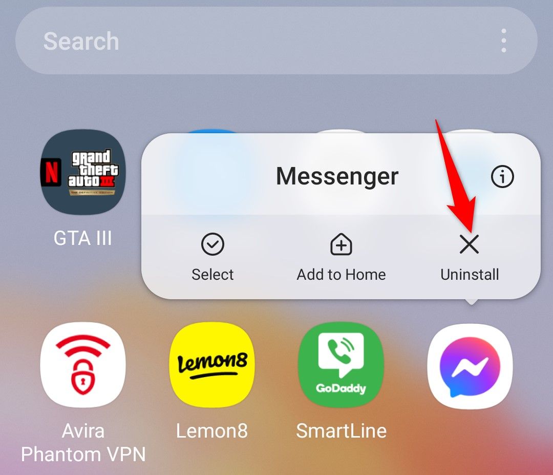 &lsquo;Uninstall&rsquo; highlighted for Messenger in Android&rsquo;s app drawer.