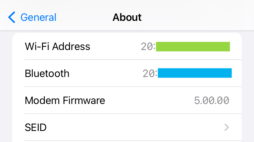 Alamat Wi-Fi (MAC) dan alamat Bluetooth yang disensor. 