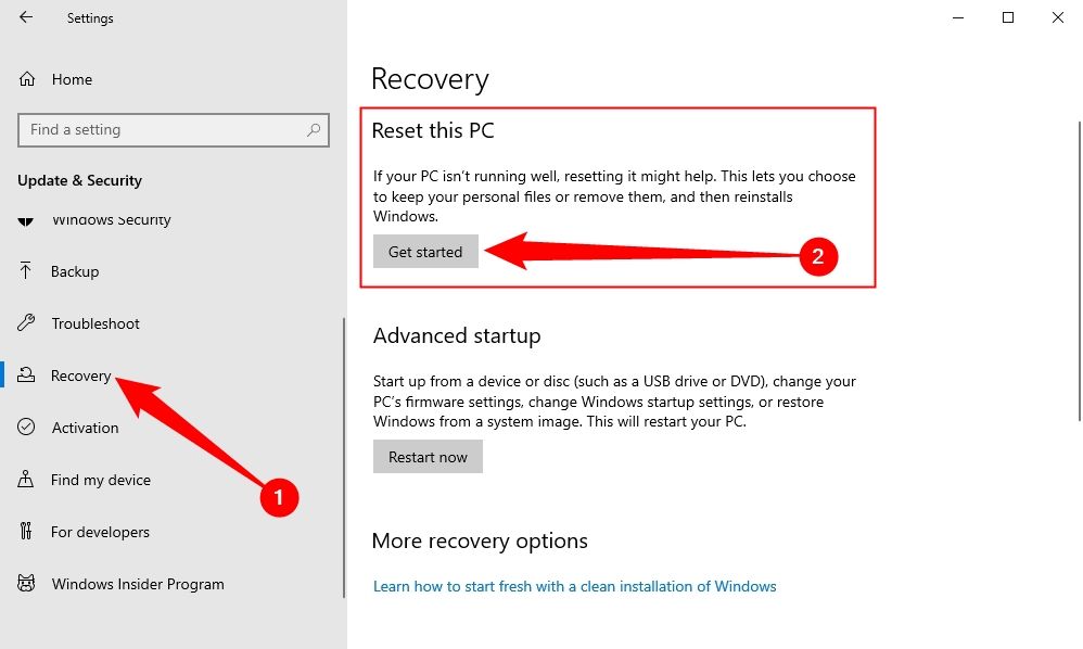 Open the Recovery tab, then click 'Get Started.'