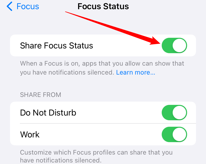 Share Focus Status is set to "On." 