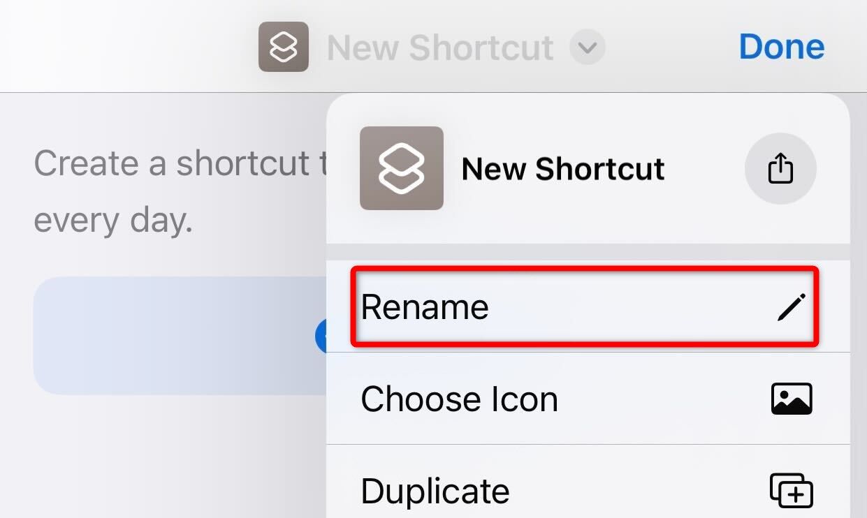 Tapping on rename to rename a new shortcut in the Shortcuts app on an iPhone.