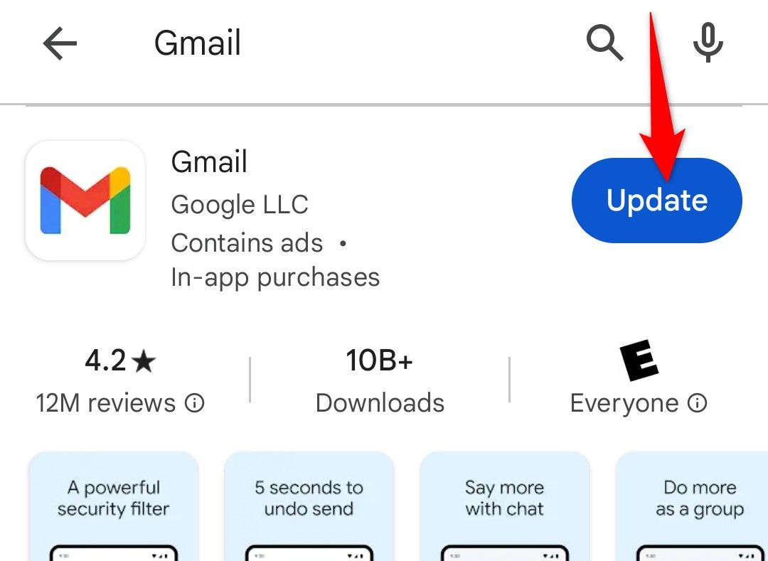 'Update' highlighted for Gmail in Google Play Store.